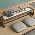 Natural Wood Tea Table With Gray Cushions And Tea Set On Tatami Mat