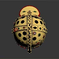 Medieval Knight Wearing Golden Helmet With Green Red Ornaments And Spikes