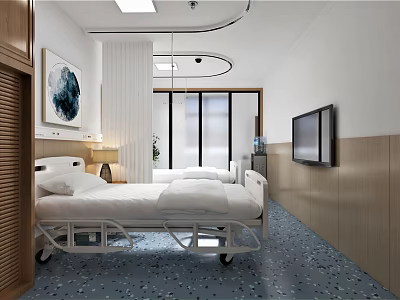 Modern Hospital Room Interior With White Bed TV Window And Wooden Walls 3d model