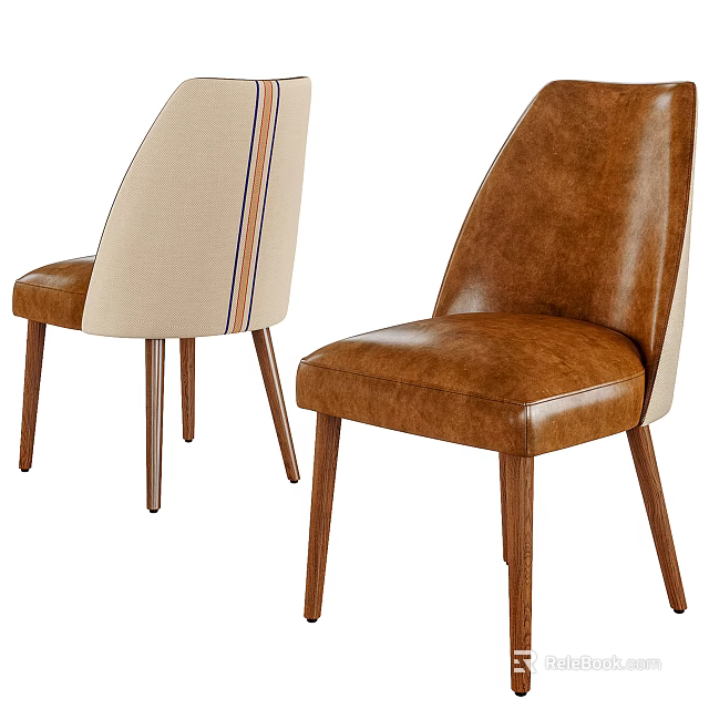 Modern Dining Chairs With Brown Leather Beige Fabric Seats And Wooden Legs Design 3d model 