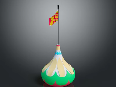 Colorful Sculpture Carving With Green Yellow Pink Red Base And Black Pole Red Yellow Flag 3d model