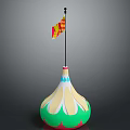 Colorful Sculpture Carving With Green Yellow Pink Red Base And Black Pole Red Yellow Flag