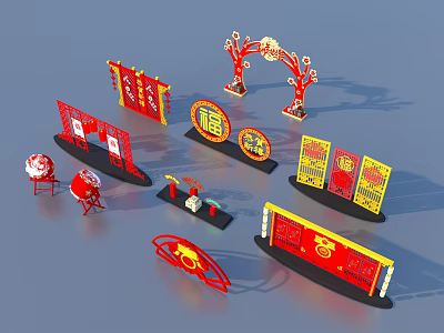 Traditional Chinese Festive Decorations Featuring Red Lanterns Fu Characters And Archway 3d model