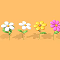 Colorful Flowers with Green Stems and Leaves on Yellow Background