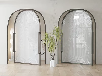 Interior With Arched Glass Doors Metal Frames And Potted Plant On Wooden Floor 3d model