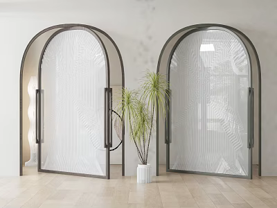 Interior With Arched Glass Doors Metal Frames And Potted Plant On Wooden Floor 3d model