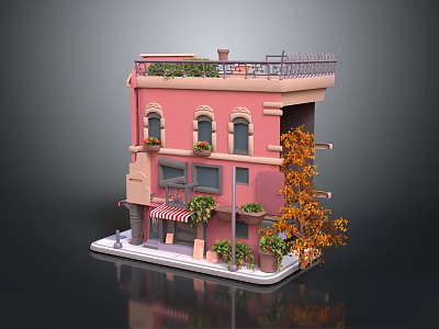 Pink Building Model Featuring Balcony Plants Striped Awning And Orange Trees 3d model