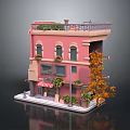 Pink Building Model Featuring Balcony Plants Striped Awning And Orange Trees