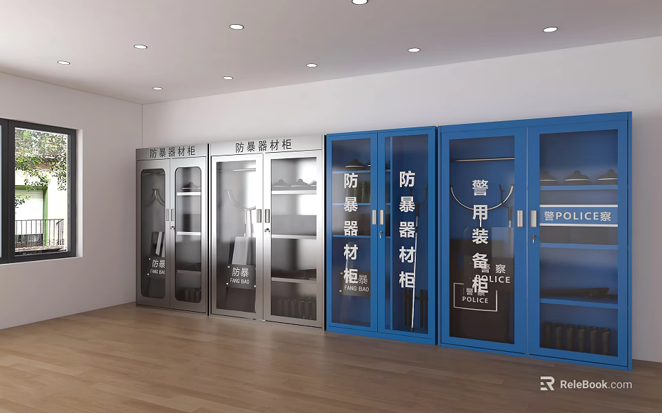 Public Facility Police Equipment Storage With Riot Gear Stab Resistant Vest And Emergency Cabinets 3d model 