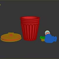 Red Animal Shaped Toy Figure With Trash Can And Lid In Modern Home Setup