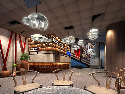 Modern Restaurant Interior With Cloud Shaped Pendant Lights Red Accents And Wooden Tables 3d model
