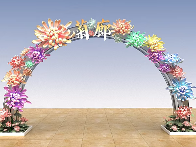 Colorful Event Archway Decorated With Chrysanthemum Flowers Arched Design Base Flower Pots 3d model