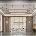 Elegant Chinese Style Hotel Lobby With Chandelier Reception Desk And Traditional Wall Art 3d model