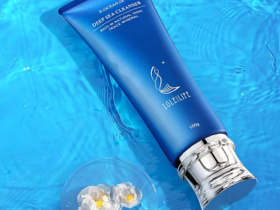 Blue Latitude Skincare Tube With White Flowers In Clear Container And Blue Water Ripple Background 3d model