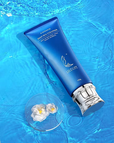 Blue Latitude Skincare Tube With White Flowers In Clear Container And Blue Water Ripple Background 3d model