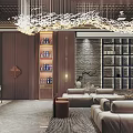 Elegant Modern Chinese Style Clubhouse Lobby With Chandelier Circular Decorative Painting Landscape Backdrop And Sofas