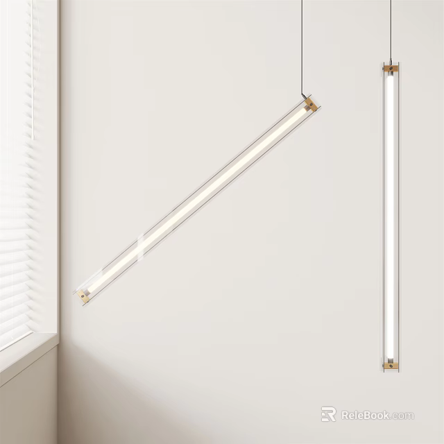 Modern Linear Pendant Light With Metal Accents Hanging In White Minimalist Room 3d model 