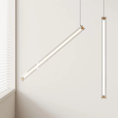 Modern Linear Pendant Light With Metal Accents Hanging In White Minimalist Room 3d model