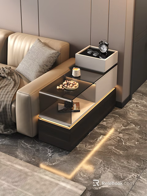 Elegant Modern Side Table With Glass Top Gold Frame And Sofa Decorative Items 3d model