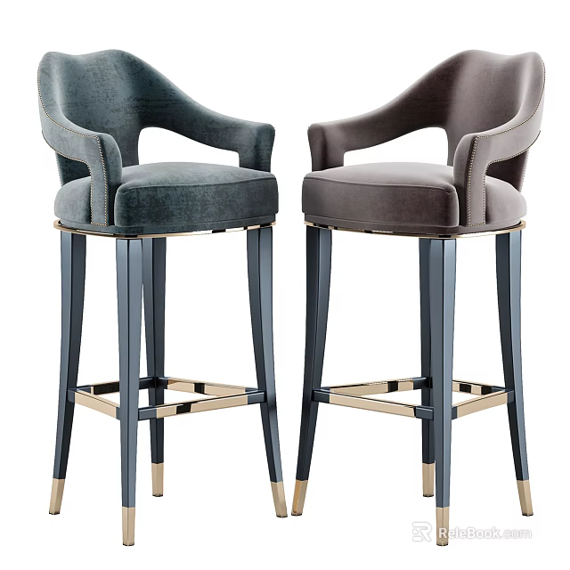 Modern Elegant Bar Stools With Plush Velvet Upholstery Black Legs And Gold Accents 3d model 