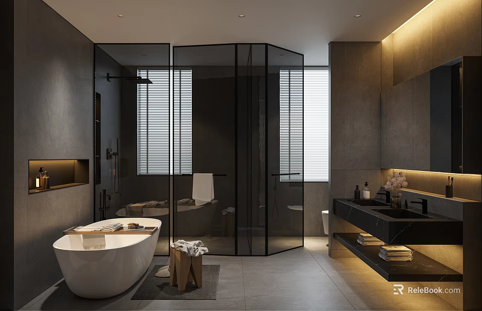 Modern Bathroom Interior With Transparent Glass Shower Area White Freestanding Bathtub Dark Walls Double Sinks 3d model 
