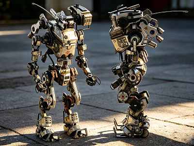 Industrial Robotic Equipment Featuring Two Metal Figures With Mechanical Arms And Joints 3d model
