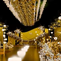 Garden Landscape With Hanging Chandeliers Decorative Flowers And Arranged Tables Chairs