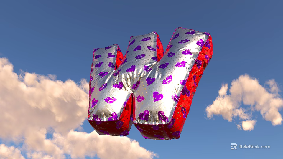 Giant Silver Red Letter W Balloon With Purple Lips And Heart Patterns In Blue Sky 3d model 
