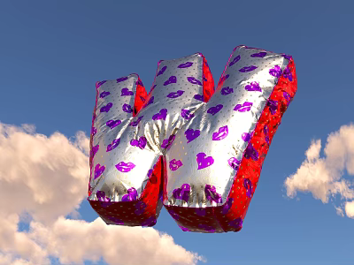 Giant Silver Red Letter W Balloon With Purple Lips And Heart Patterns In Blue Sky 3d model