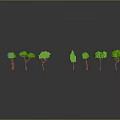 Colorful 3D Model Trees Arranged in Green Blue Orange on Gray Background With Reflections