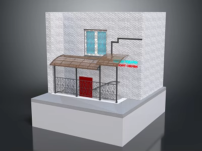 Building Model Structure With White Brick Wall Red Door Blue Window And Transparent Porch Canopy 3d model