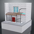 Building Model Structure With White Brick Wall Red Door Blue Window And Transparent Porch Canopy