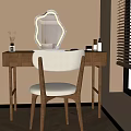 Minimalist Interior Wooden Dressing Table With White Chair Mirror And Natural Light By Window Blinds