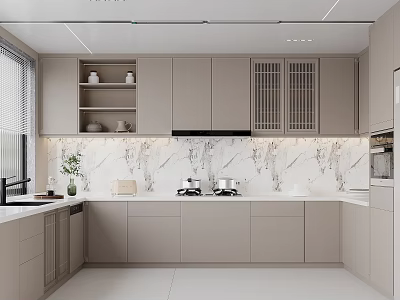 Modern Minimalist Kitchen With Gray Cabinets Marble Backsplash And Sleek Countertop 3d model