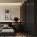 Modern Bedroom Interior With Bed Nightstand Table Lamp Wall Art Dressing Table Bookshelves And Rug