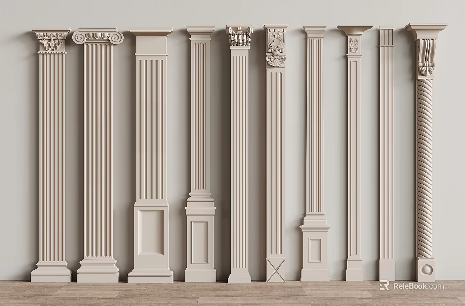 Decorative Columns In Various Designs Featuring Fluted Twisted And Ornate Details 3d model 