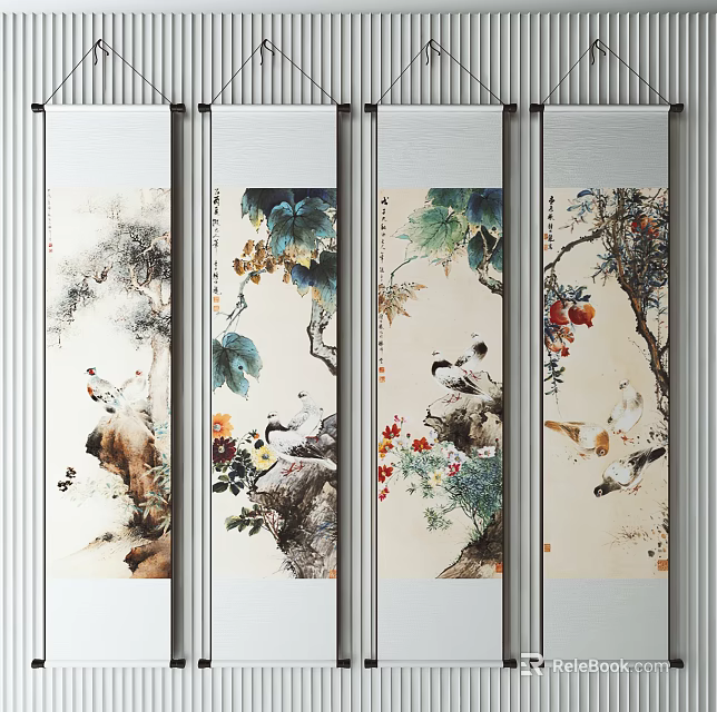 Traditional Chinese Ink Painting Screen Panels With Flowers Birds Grapes And Rockery 3d model 