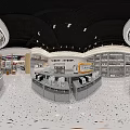 Modern Specialty Store Interior Featuring Central Display Counter Organized Shelves And Unique Lighting Design