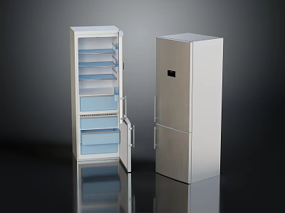 Sleek Stainless Steel Refrigerators and Freezers with Open Door Interior Shelves Drawers and Control Panel 3d model