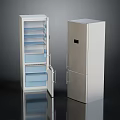 Sleek Stainless Steel Refrigerators and Freezers with Open Door Interior Shelves Drawers and Control Panel
