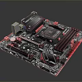 Modern Gaming Motherboard Featuring Black PCB Red LED Lighting Heat Sinks And CPU Socket