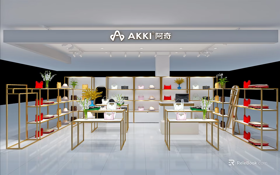 AKKI Store Modern Interior With Gold Display Shelves White Tables And Product Displays 3d model 