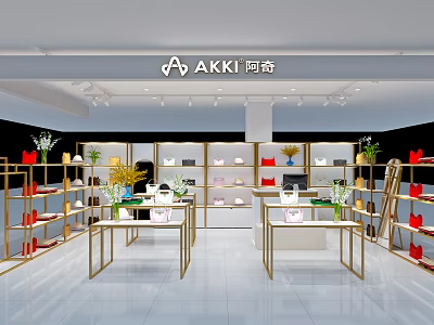 AKKI Store Modern Interior With Gold Display Shelves White Tables And Product Displays 3d model