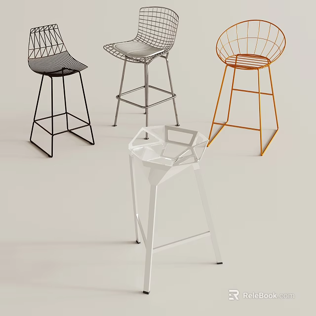 Modern Bar Stools with Black Silver Orange White Metal Frame and Openwork Design 3d model 