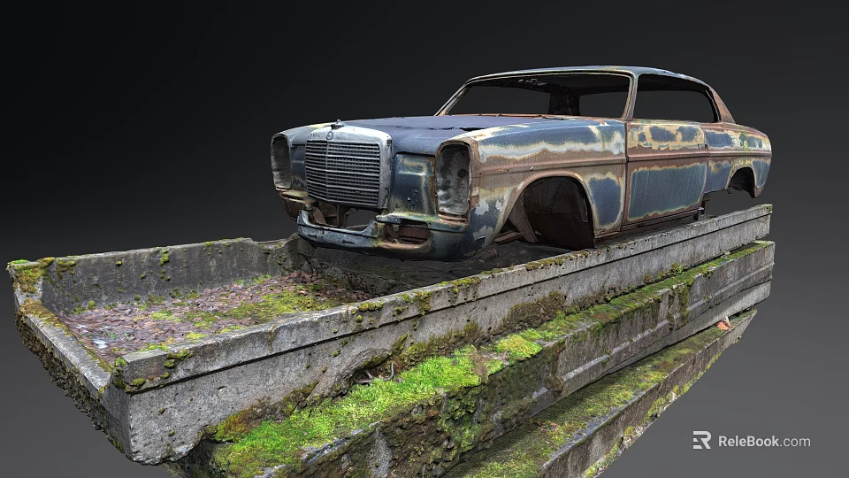 Rusted Old Car Parked on Concrete Platform Covered with Green Moss 3d model 