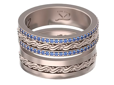 Silver Toned Stacked Rings With Blue Gemstones And Braided Patterns 3d model