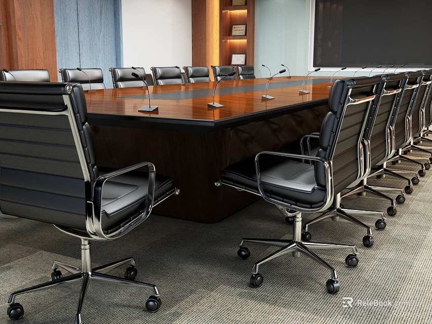 Modern Wooden Conference Table With Black Leather Wheeled Office Chairs In Meeting Room 3d model 