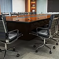 Modern Wooden Conference Table With Black Leather Wheeled Office Chairs In Meeting Room