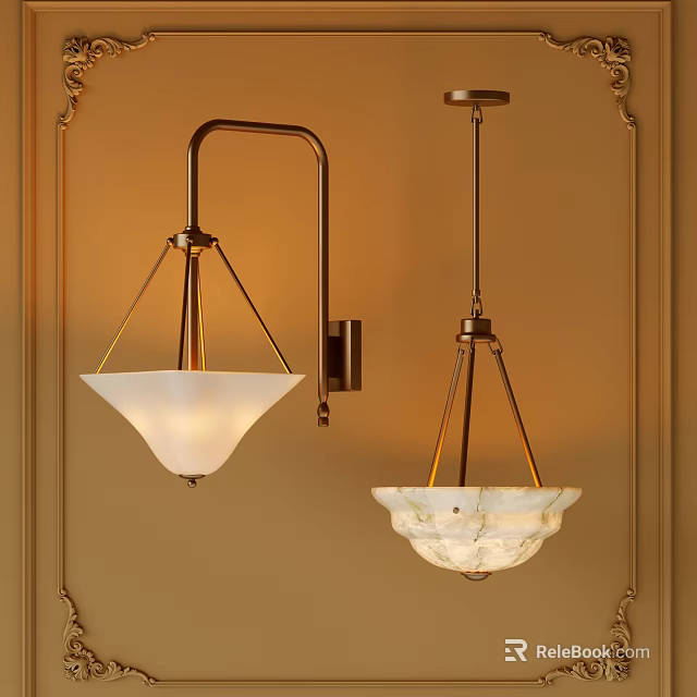 Classic Brass Pendant Lights With White Glass And Marble Shades On Warm Toned Wall 3d model 