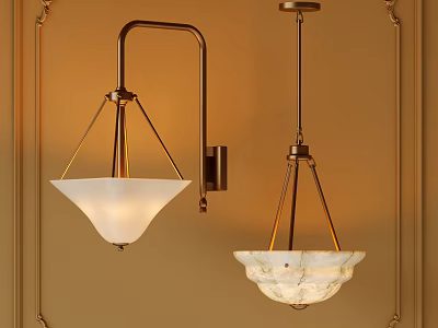 Classic Brass Pendant Lights With White Glass And Marble Shades On Warm Toned Wall 3d model